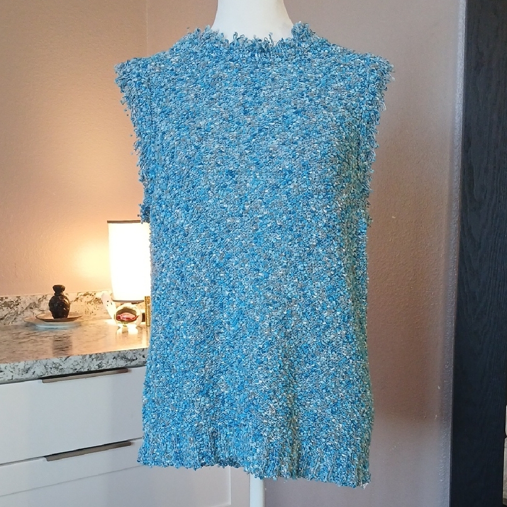 J Crew Womens Sleeveless Sweater Blues Crochet Knit Size L